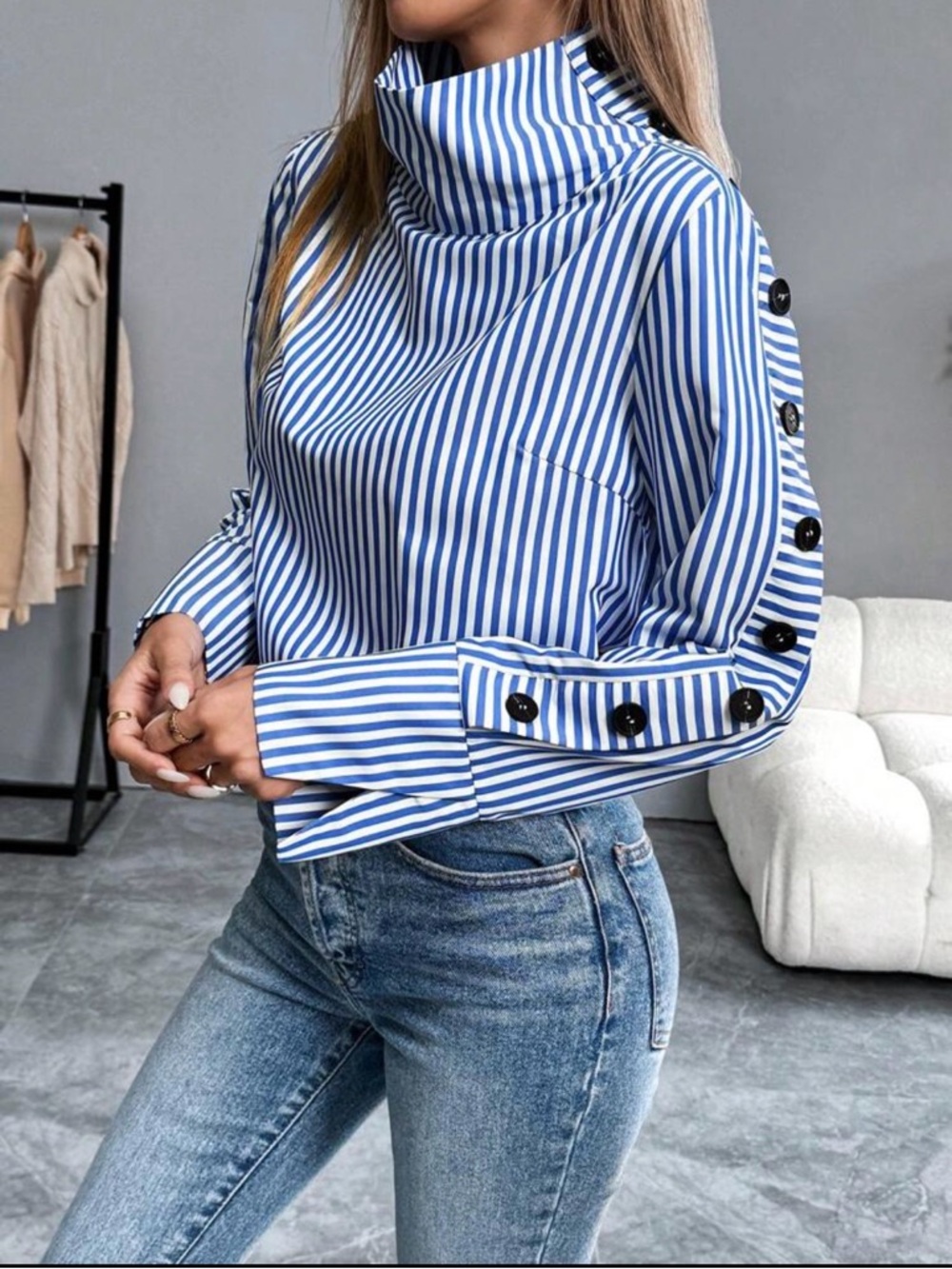 Striped Blue and White Button-Trim Funnel Neck Top